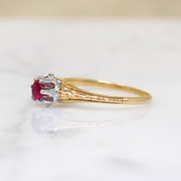 Raspberry-Red Ruby in Engraved 18k Gold Solitaire Ring
