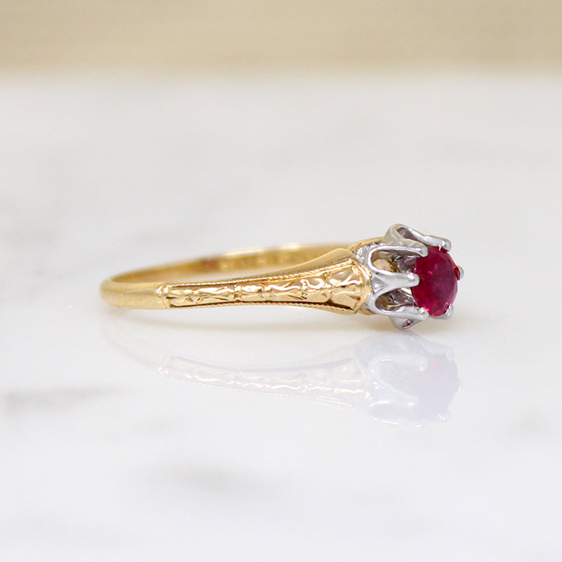 Raspberry-Red Ruby in Engraved 18k Gold Solitaire Ring