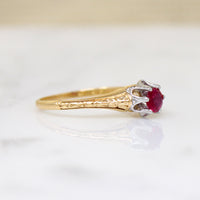 Raspberry-Red Ruby in Engraved 18k Gold Solitaire Ring