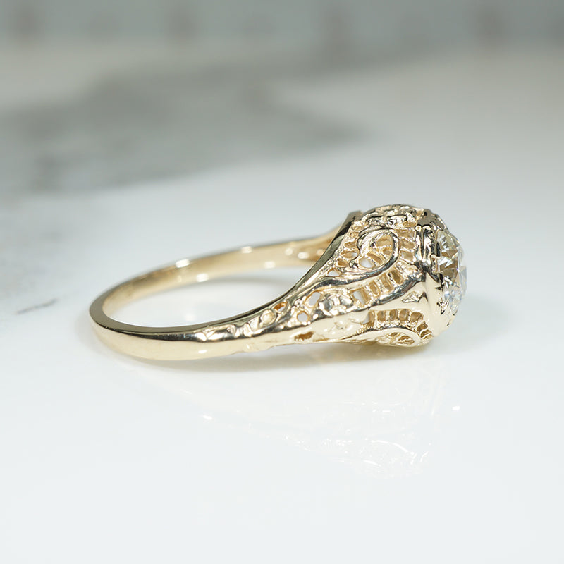 Yellow Gold Filigree Art Deco Diamond Engagement Ring
