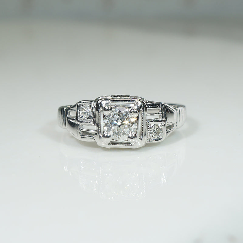 Jaunty 18k White Gold & Old Mine Cut Diamond Deco Engagement Ring