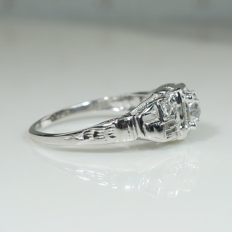 Jaunty 18k White Gold & Old Mine Cut Diamond Deco Engagement Ring