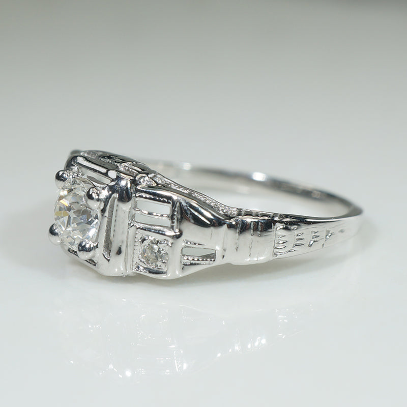 Jaunty 18k White Gold & Old Mine Cut Diamond Deco Engagement Ring