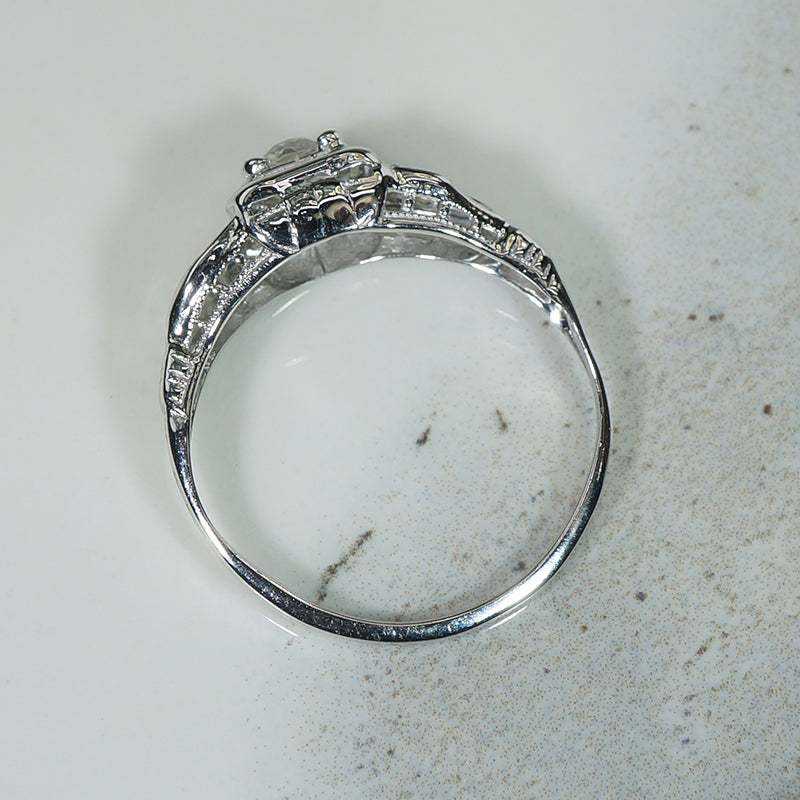 Jaunty 18k White Gold & Old Mine Cut Diamond Deco Engagement Ring