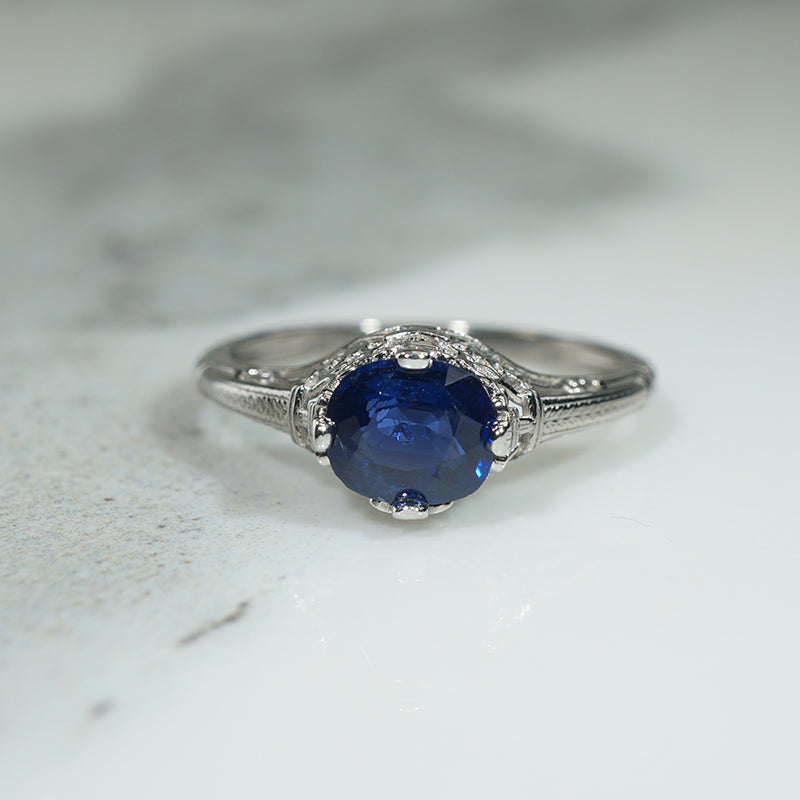 Fleur-de-Lis Art Deco Sapphire Solitaire Ring