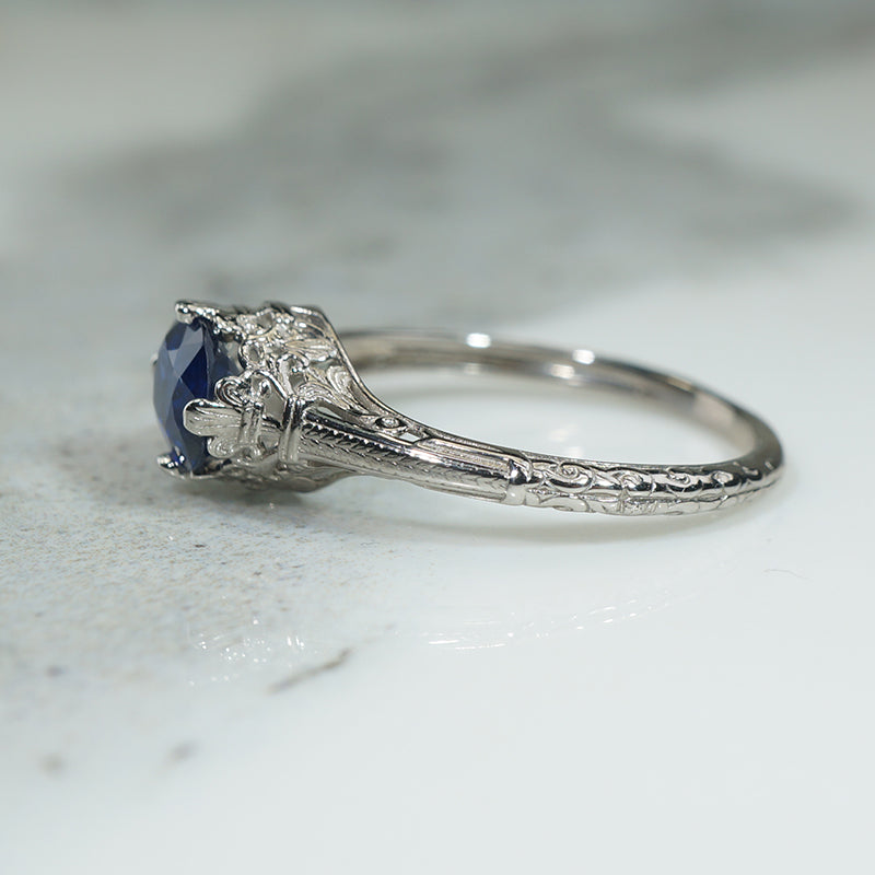 Fleur-de-Lis Art Deco Sapphire Solitaire Ring