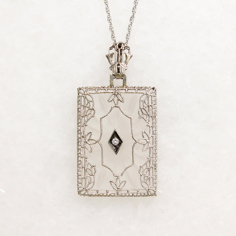 Camphor Glass Necklace with Diamond & White Gold Filigree