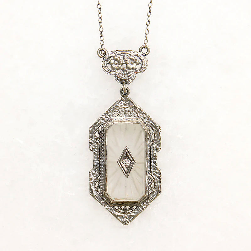 Diamond-Set Camphor Glass in White Gold Filigree Necklace