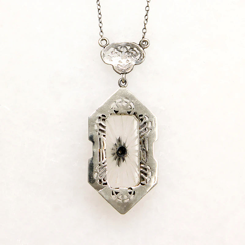 Diamond-Set Camphor Glass in White Gold Filigree Necklace