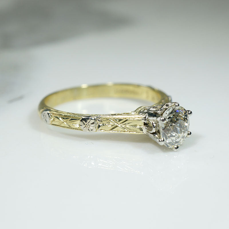 Old Mine Cut Diamond in Star & Flower Motif Solitaire Ring