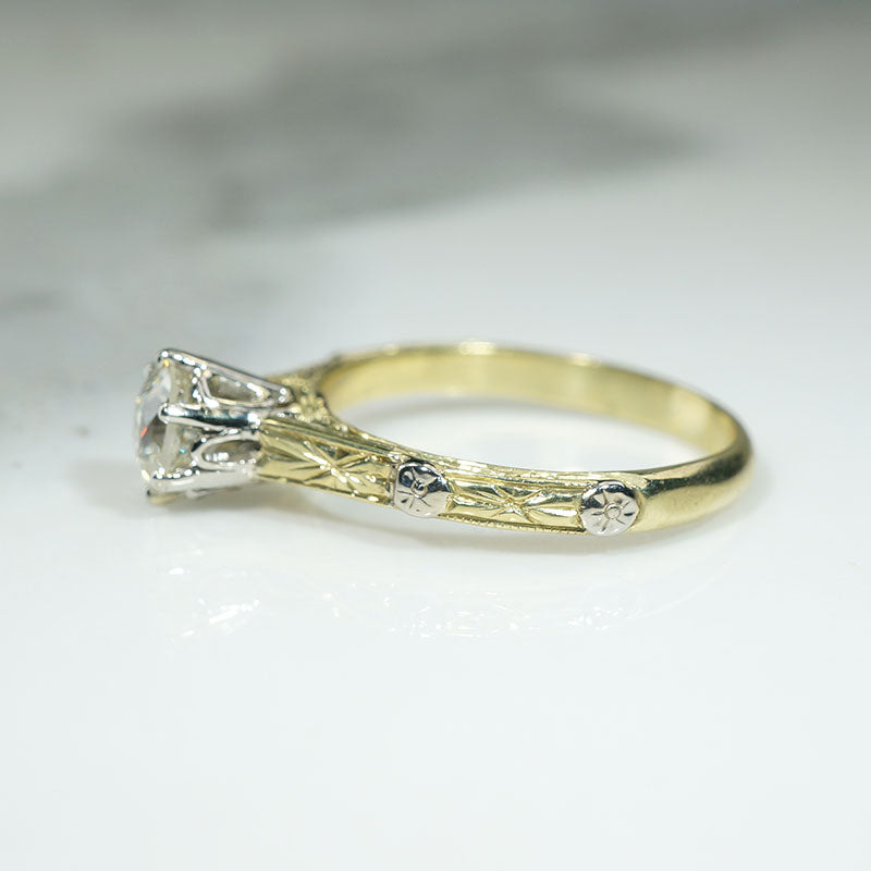 Old Mine Cut Diamond in Star & Flower Motif Solitaire Ring