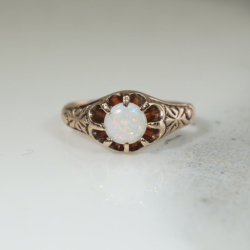 Colorful Opal in Engraved 14k Gold Belcher Ring