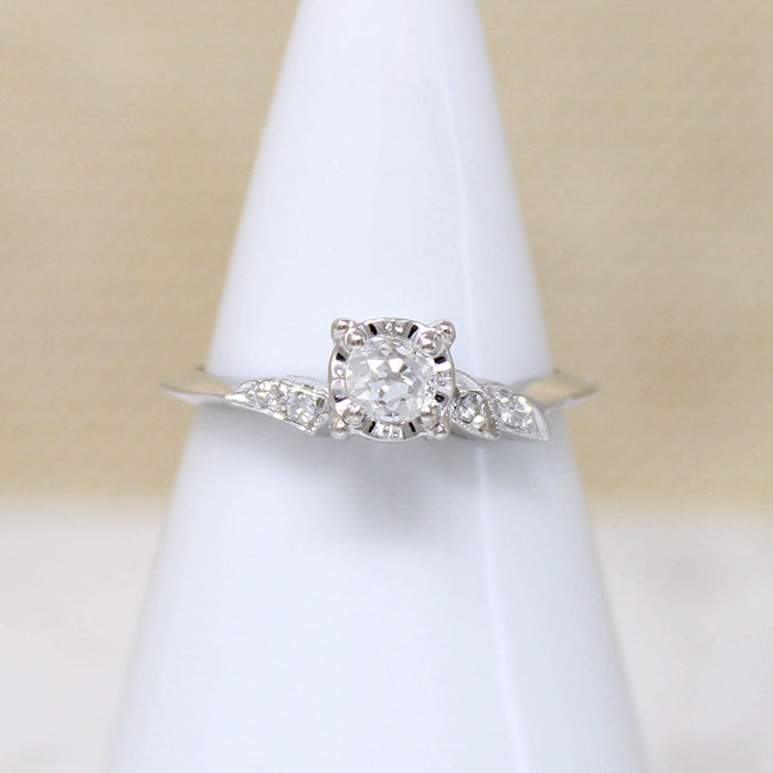 Asymmetric New Old Stock Old Mine Cut Diamond Engagement Ring