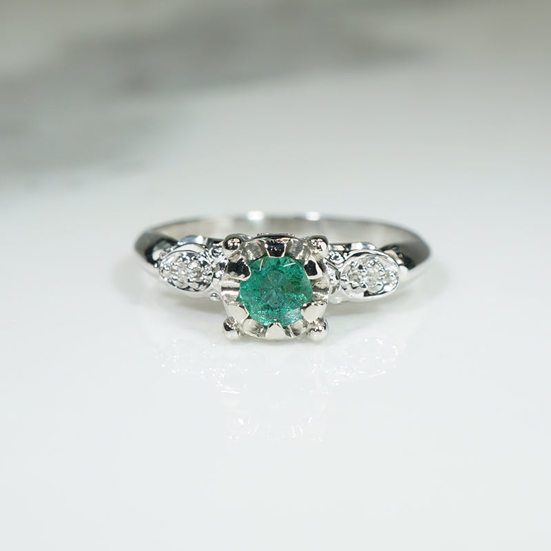 Emerald & Diamond 1940s Engagement Ring