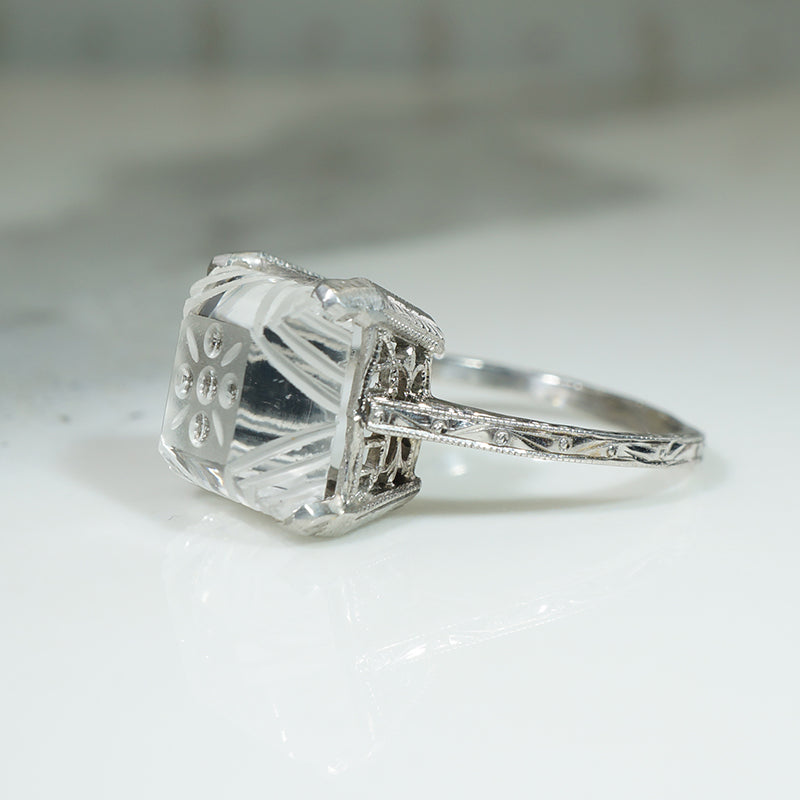 Art Deco Carved Rock Crystal & Filigree Ring