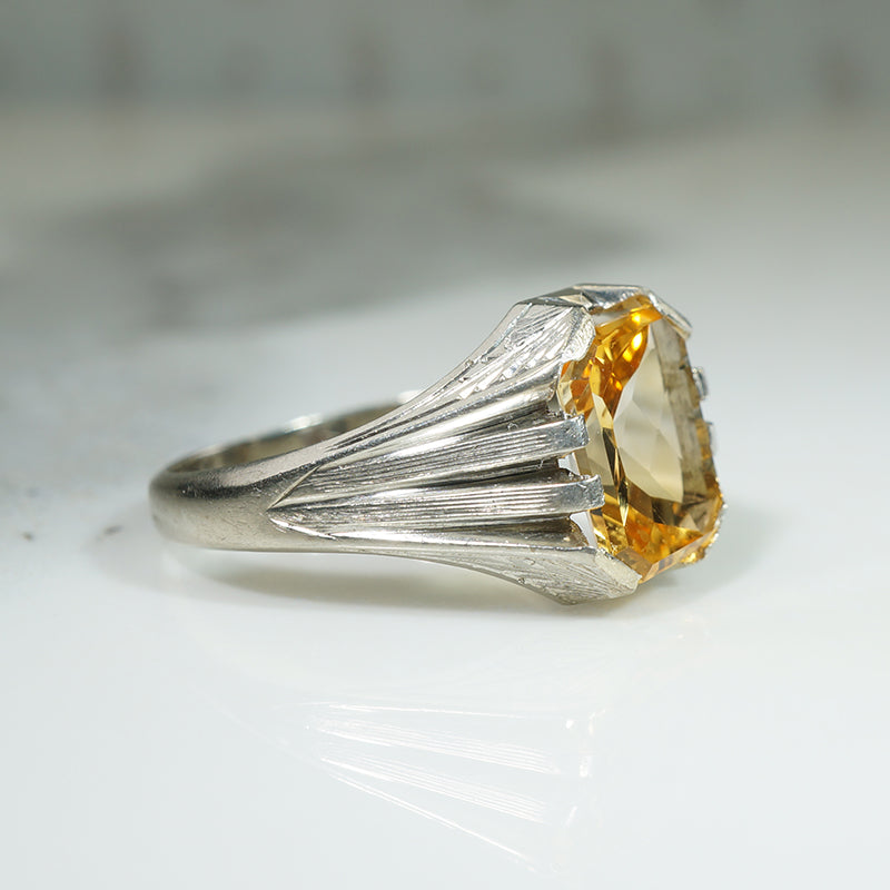 Deco White Gold Citrine Signet Ring