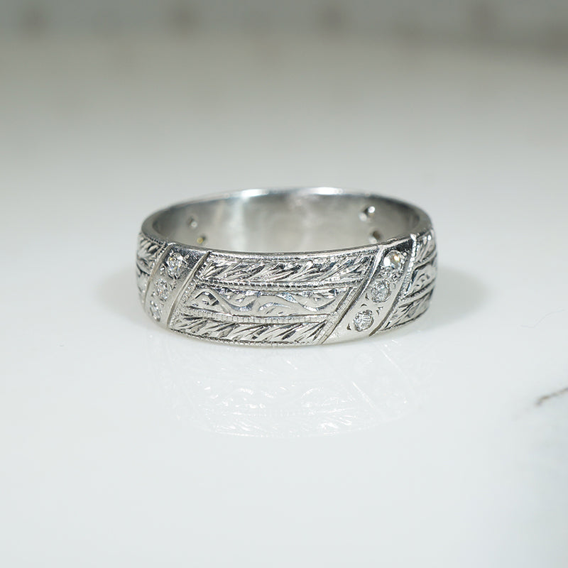 Wide Deco Engraved Platinum and Diamond Band