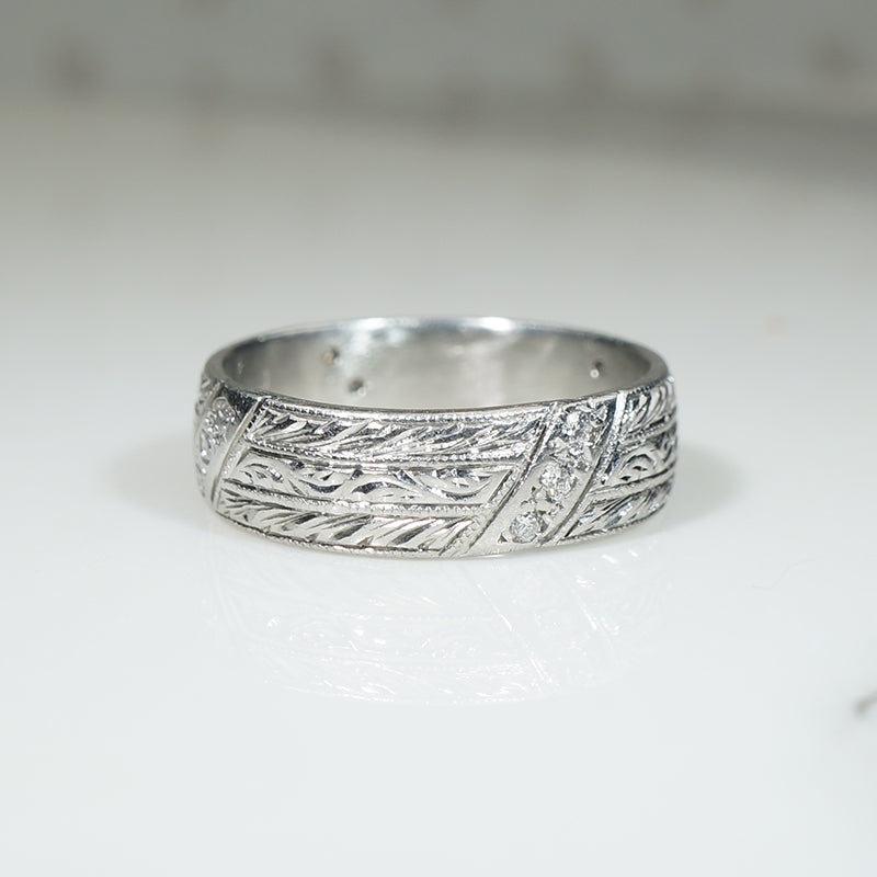 Wide Deco Engraved Platinum and Diamond Band