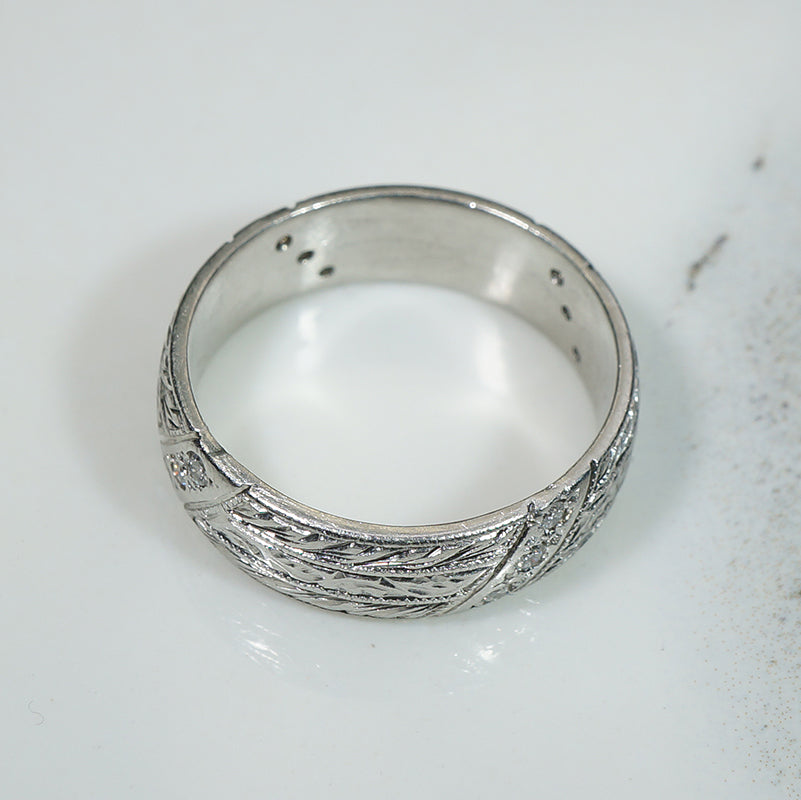 Wide Deco Engraved Platinum and Diamond Band