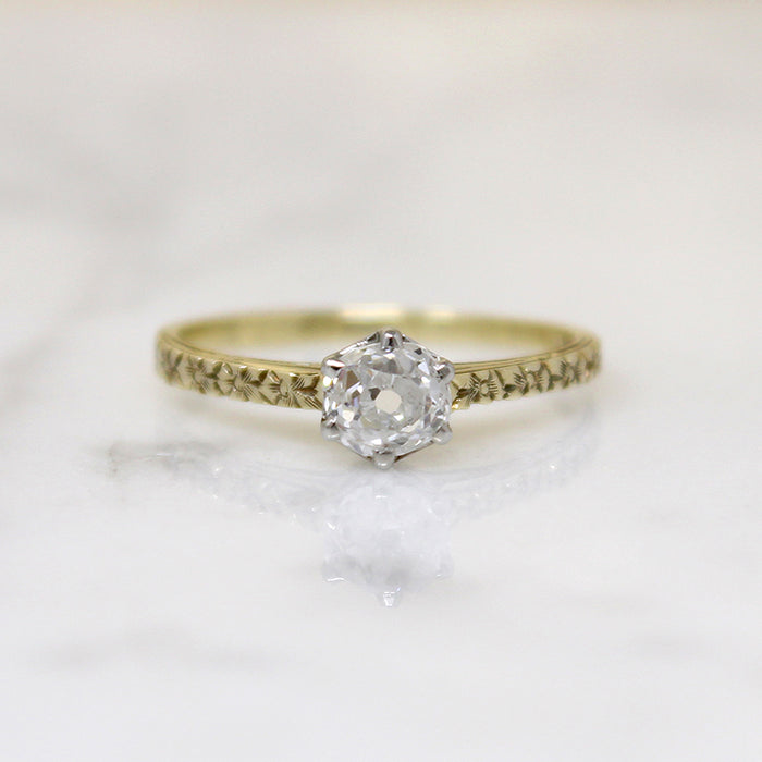 Charismatic Old Mine Cut Diamond in Engraved Solitaire Ring