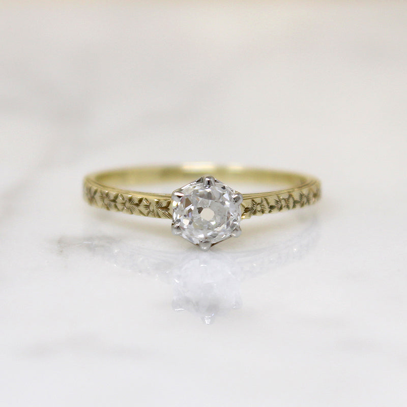 Charismatic Old Mine Cut Diamond in Engraved Solitaire Ring