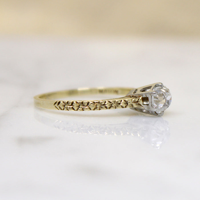 Charismatic Old Mine Cut Diamond in Engraved Solitaire Ring