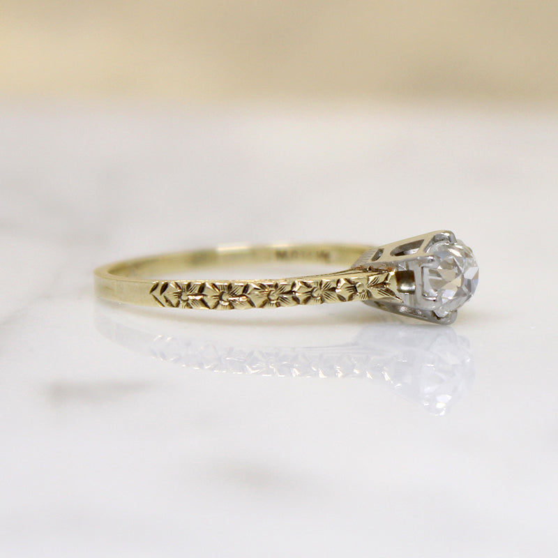 Charismatic Old Mine Cut Diamond in Engraved Solitaire Ring