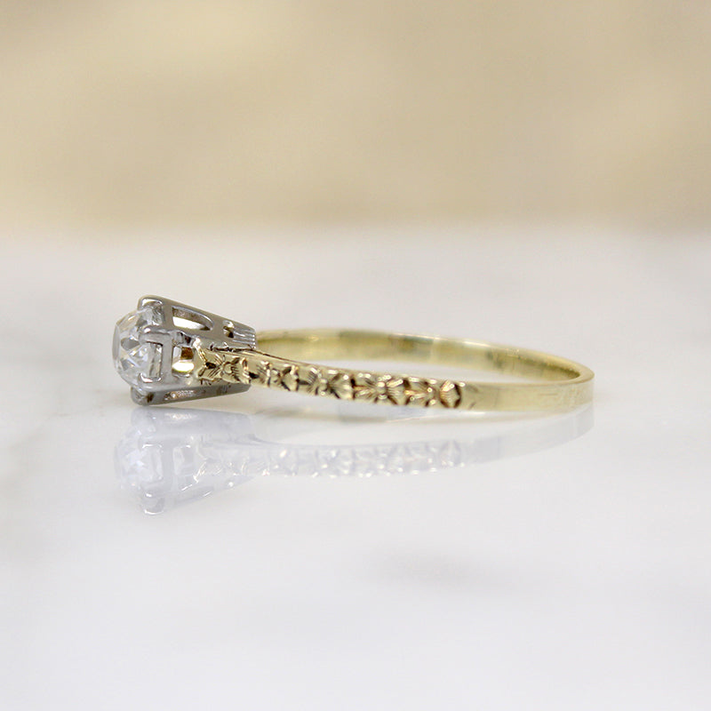 Charismatic Old Mine Cut Diamond in Engraved Solitaire Ring