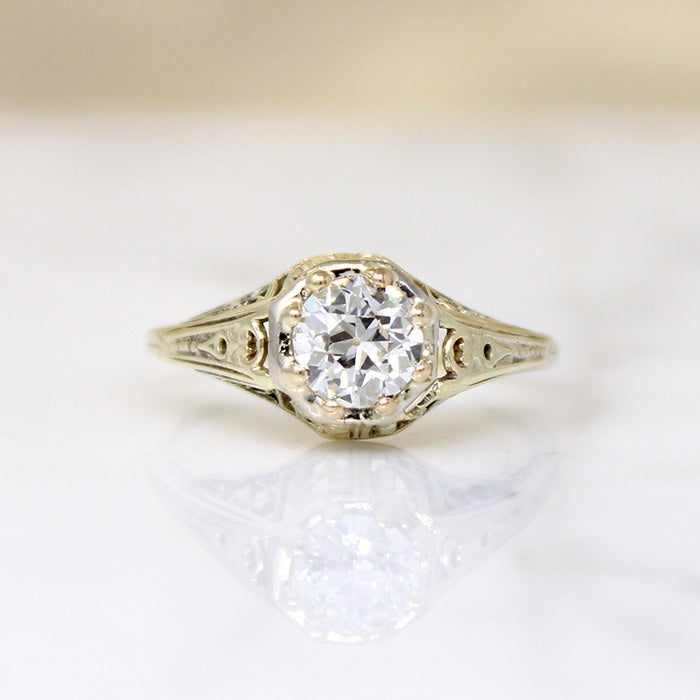 Old Euro Cut Diamond in Yellow Gold Art Deco Solitaire