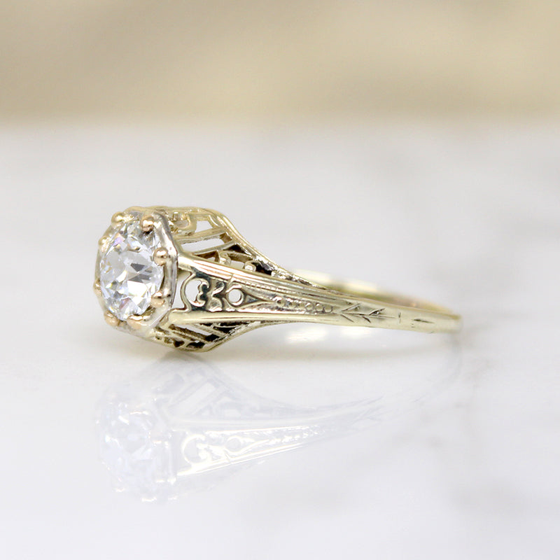 Old Euro Cut Diamond in Yellow Gold Art Deco Solitaire