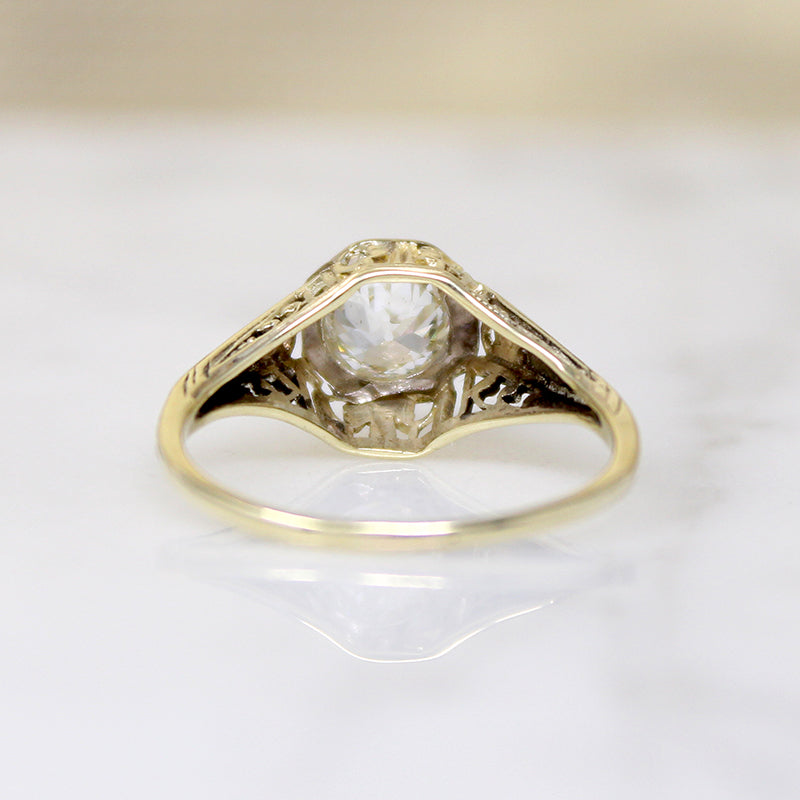 Old Euro Cut Diamond in Yellow Gold Art Deco Solitaire