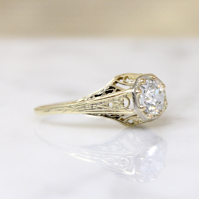 Old Euro Cut Diamond in Yellow Gold Art Deco Solitaire