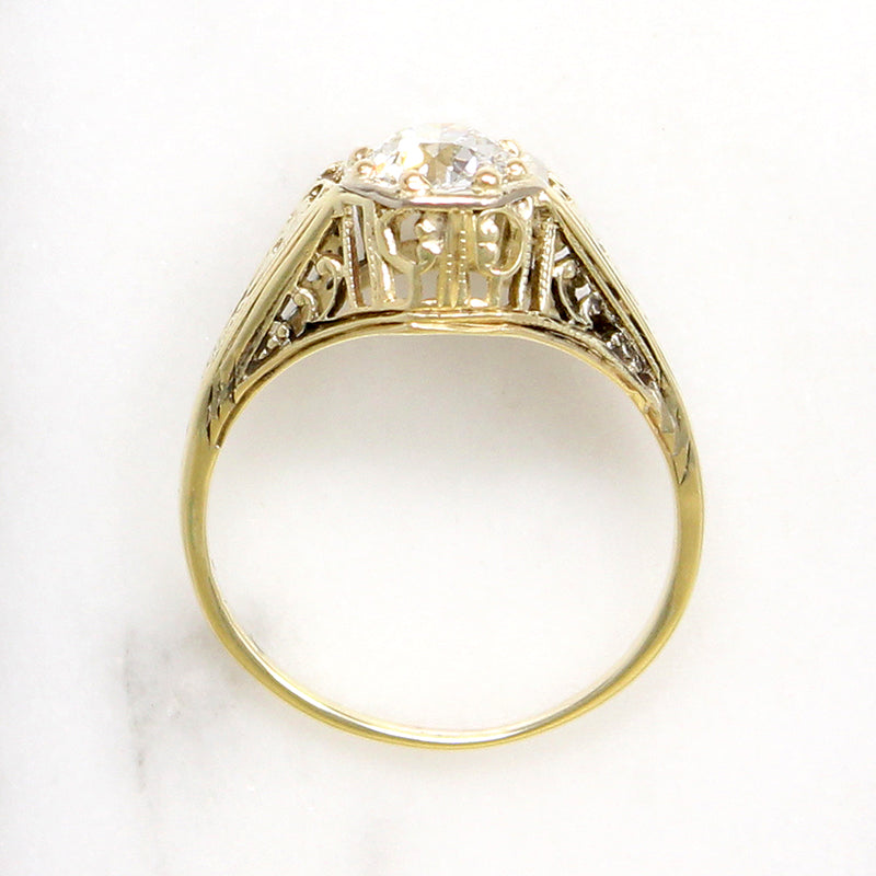 Old Euro Cut Diamond in Yellow Gold Art Deco Solitaire