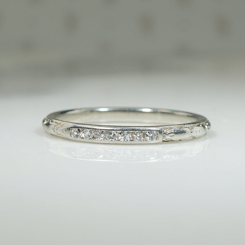 Diamonds in Engraved 18k White Gold Traub Wedding Band