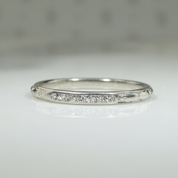 Diamonds in Engraved 18k White Gold Traub Wedding Band