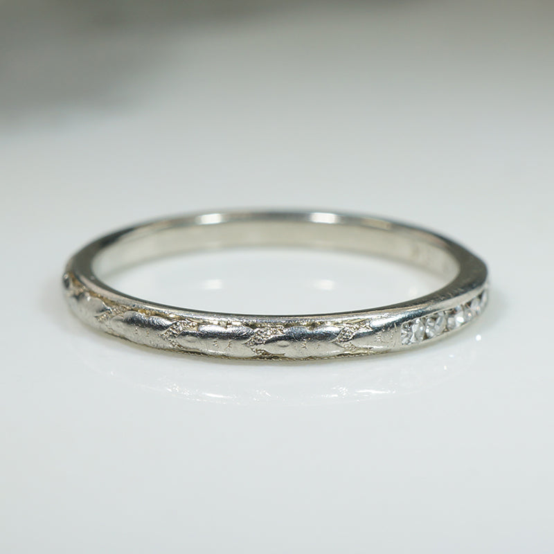 Diamonds in Engraved 18k White Gold Traub Wedding Band