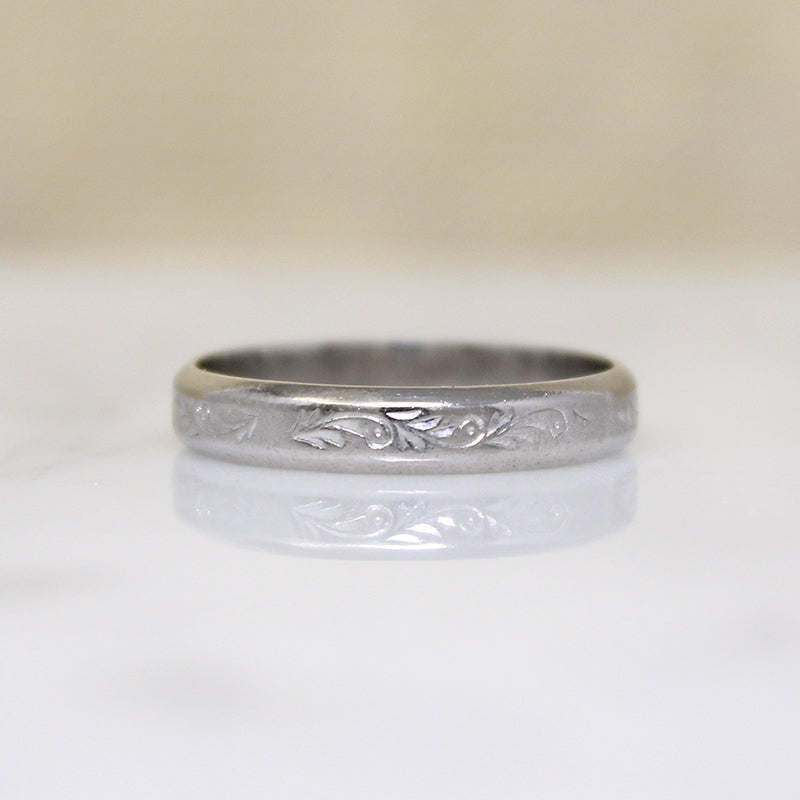 Foliate Flourish Engraved Platinum Band Size 6.5