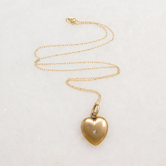 Glossy 14k Gold Heart Locket with Old Euro Cut Diamond