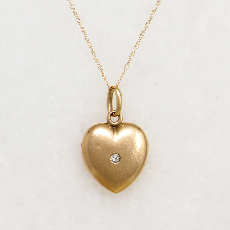 Glossy 14k Gold Heart Locket with Old Euro Cut Diamond