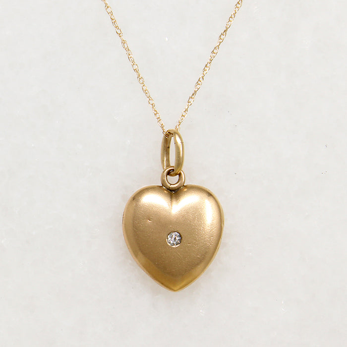 Glossy 14k Gold Heart Locket with Old Euro Cut Diamond