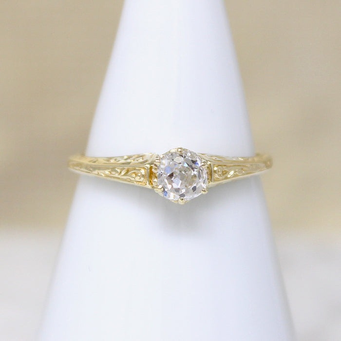 Old Mine Cut Diamond in Yellow Gold Art Deco Ring