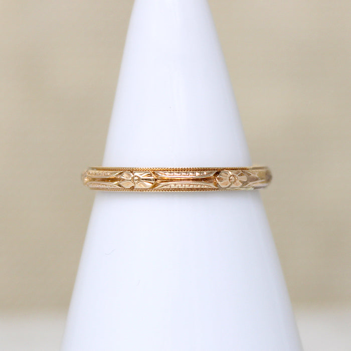 "Loyal" Engraved Bars & Flowers 14k Gold Band