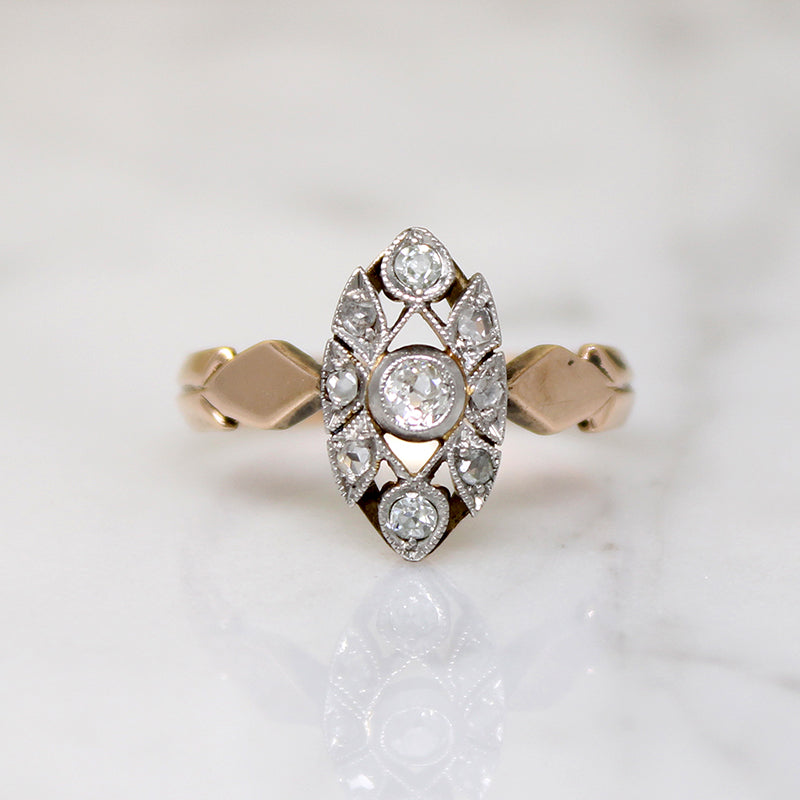 Diamonds in Unusual Gold & Platinum Navette Ring