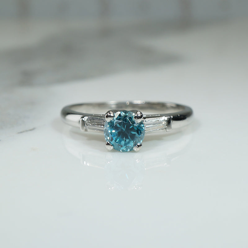 40s Platinum Diamond Baguette Blue Zircon Engagement Ring