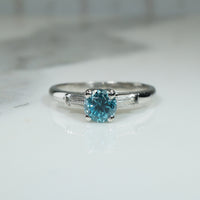 40s Platinum Diamond Baguette Blue Zircon Engagement Ring
