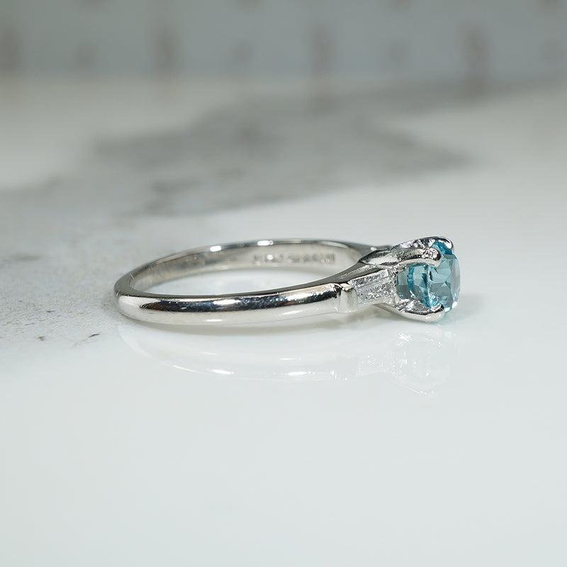 40s Platinum Diamond Baguette Blue Zircon Engagement Ring