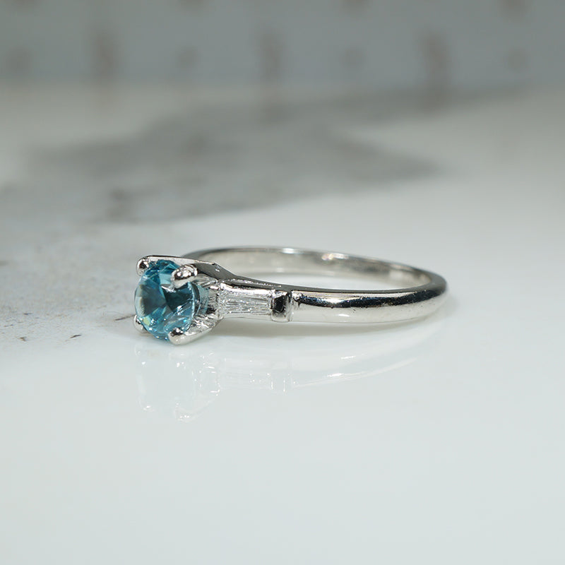 40s Platinum Diamond Baguette Blue Zircon Engagement Ring