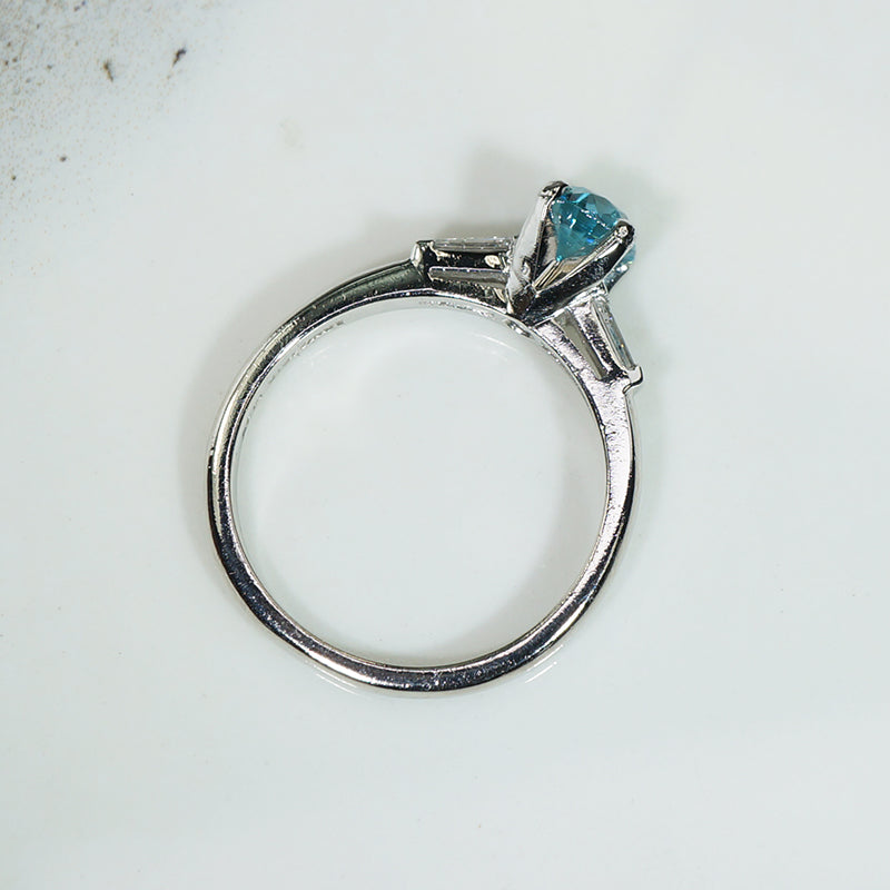 40s Platinum Diamond Baguette Blue Zircon Engagement Ring