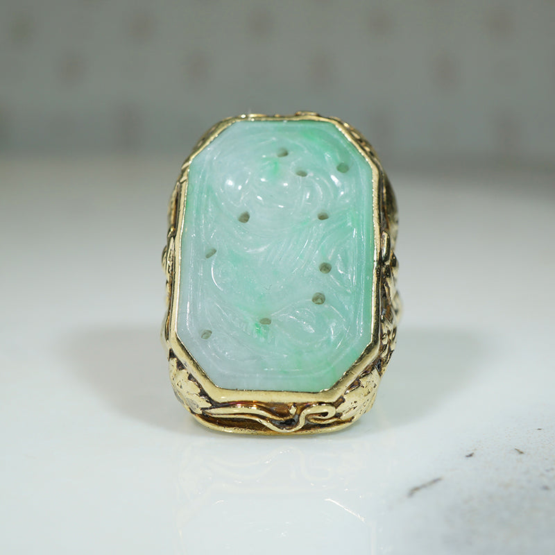 Floral Art Nouveau Gold Ring with Jade Panel