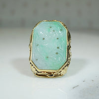 Floral Art Nouveau Gold Ring with Jade Panel